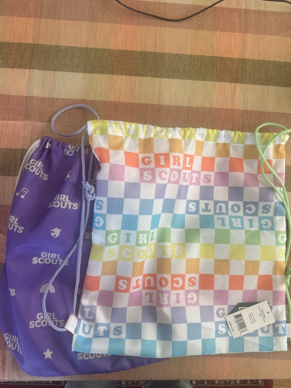 TWO Girl Scouts Drawstring Bags - Multicolor, one NWT